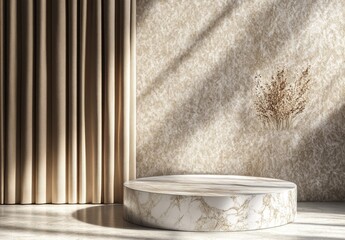 Aufkleber - Sunlit marble podium with beige curtain backdrop.