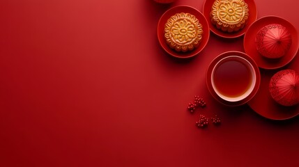 chinese lunar new year lantern and mooncake in red background copy space photo for greeting card, ca