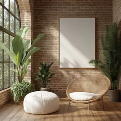 Aufkleber - Sunlit bohemian room with wicker chair, plants, and blank canvas.