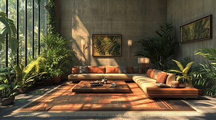 Canvas Print - Sunlit indoor garden room with sofa, plants