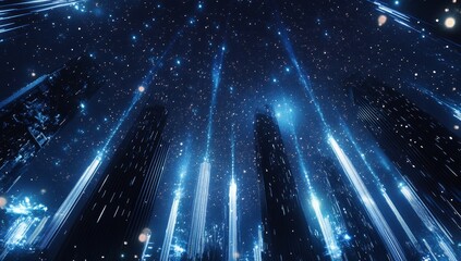 Poster - futuristic city skyline at night with glowing blue energy beams.