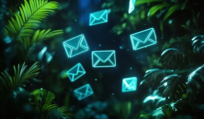 Leinwandbilder - Glowing email icons float amidst lush tropical foliage in a dark, mysterious setting.
