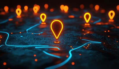 Poster - Glowing map markers on a digital city map.
