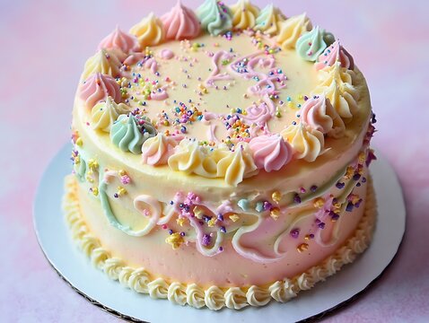 A pastel-colored birthday cake with intricate icing designs and sprinkles