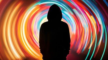 Wall Mural - Silhouette of person in hoodie against backdrop of colorful light trails