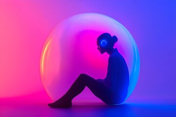 Wall Mural - A woman is sitting in a bubble, wearing headphones