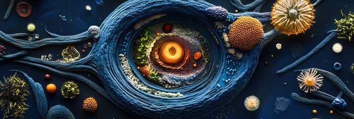 Poster - Microscopic Cell Structure Artistic Cosmic Representation Deep Blue Hues
