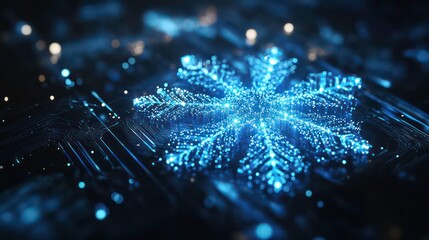 Fototapete - snowflake pattern made of glowing blue digital particles on dark background winter technology concept
