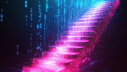Fototapete - Glowing digital staircase ascending into binary code rain.