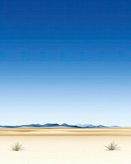 Wall Mural - Vast desert landscape under a clear blue sky with distant mountains and sparse vegetation. background gentle shades comfort concept