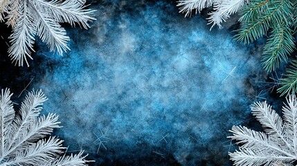 Wall Mural - frosty blue background framed by white and green snow-covered branches, evoking a wintery atmosphere
