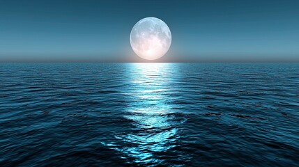 Wall Mural - a serene moonlit ocean scene with a bright moon reflecting on calm water, creating a tranquil and pe