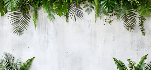 Wall Mural - The wallpaper design includes tropical leaves and plants against a concrete background. It's ideal for wallpapers, photo wallpaper, frescoes, murals, and more.