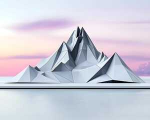 Wall Mural - stylized white mountain range against a pastel sky, reflecting serene waters in a minimalist landsca