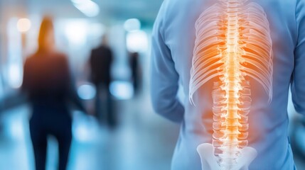 Poster - This image captures a close-up of the human spine, highlighted against a blurred background, symbolizing the importance of spinal health and wellbeing