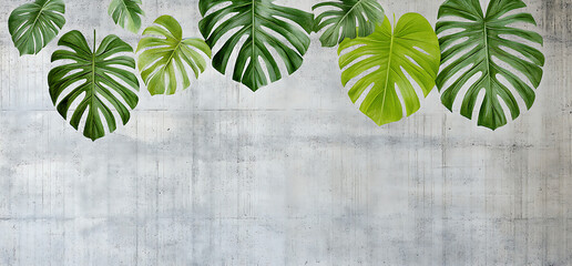 Wall Mural - Tropical leaves drawn on concrete grunge wall. Floral background. Illustration for wallpaper, photo wallpaper, mural, card, and postcard.