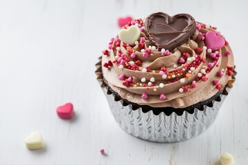 Wall Mural - Homemade baking cupcake with milk chocolate and hearts decor on white background