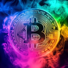 Poster - Rainbow smoke envelops a glowing Bitcoin cryptocurrency coin.