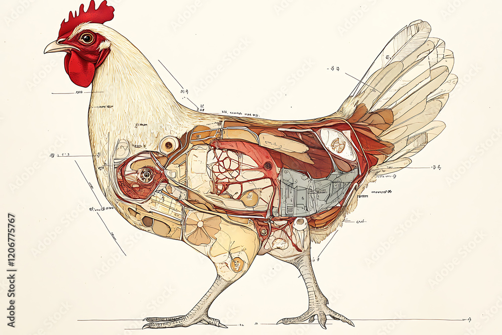 Anatomical illustration of a chicken showcasing internal organs, blood ...