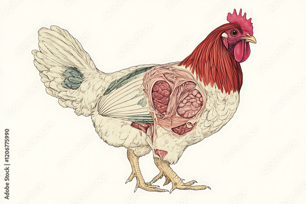 Anatomical illustration of a chicken showcasing internal organs and ...