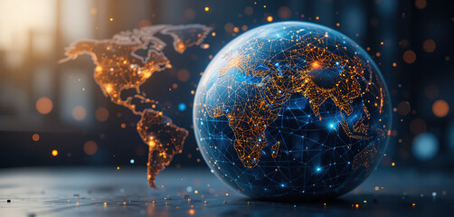Poster - World geometric and earth for connection ,community and society Map networking and communication, planet model with decoration, abstract design or geometric link of business and global economy, 4k