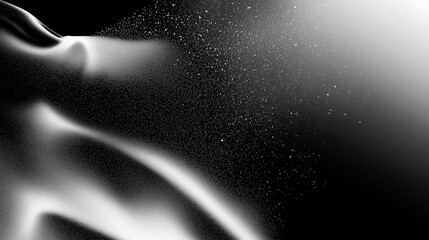 Poster - Abstract black and white gradient background with grainy texture and soft lighting, featuring curved lines, grain dust, powder particles, and floating effects for a dynamic and minimalistic artistic c