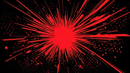 Wall Mural - Vibrant red explosion halftone graphic with dynamic lines polka dots on black background