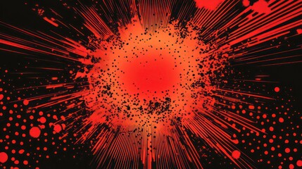 Wall Mural - vibrant red explosion halftone graphic with dynamic lines polka dots on black background