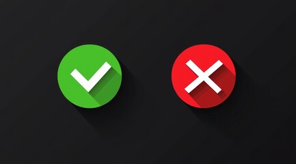 Minimalistic vector illustration of two flat circular icons one green checkmark and another red X with long shadows on a black background, in a flat design style. Simple, minimalist, with basic shapes