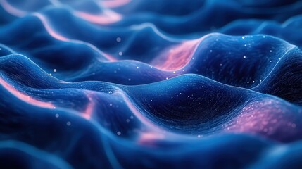 Poster - 3D render of abstract waves, flowing and undulating, in shades of blue with hints of pink and purple