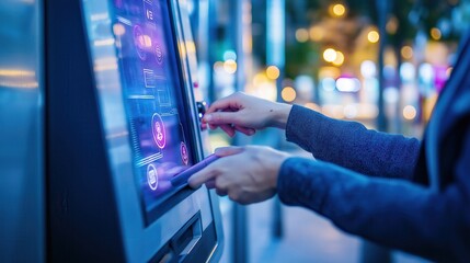 Poster - User interacting with touchscreen kiosk urban environment digital interface nighttime close-up view technology experience