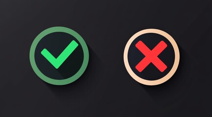 Minimalistic vector illustration of two flat circular icons one green checkmark and another red X with long shadows on a black background, in a flat design style. Simple, minimalist, with basic shapes