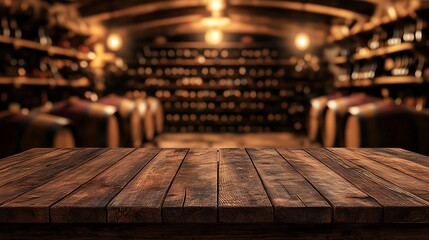 Rustic wooden table in a cozy wine cellar.