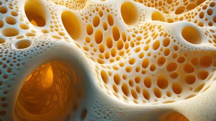 Poster - Abstract 3D render of a porous, organic-looking structure with a yellow and white color scheme.