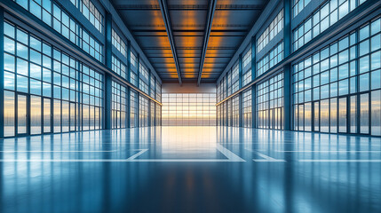 Poster - futuristic interior of a huge warehouse or industrial building . Generative AI