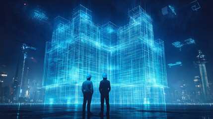 Poster - engineers in front of a futuristic construction site . Generative AI