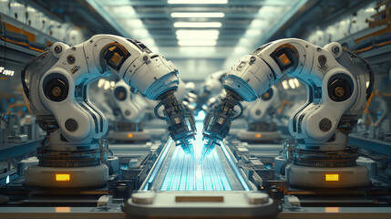 Poster - robots on an assembly line . Generative AI