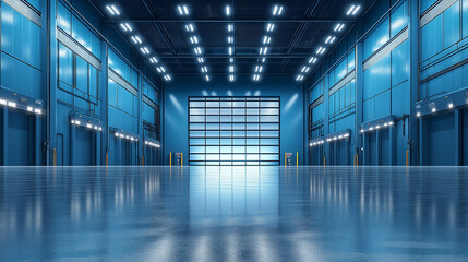 Poster - futuristic interior of a huge warehouse . Generative AI