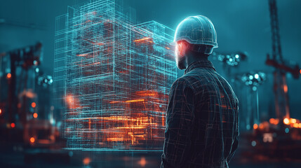 Poster - Builders of the future in hard hats, futuristic construction site in the background . Generative AI