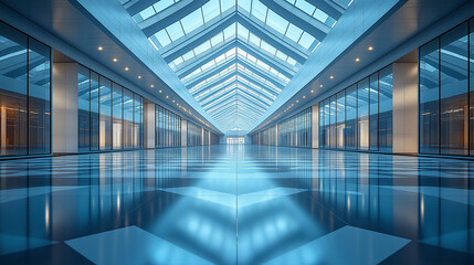 Poster - futuristic interior of a huge warehouse . Generative AI