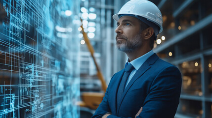Poster - Builder of the future in hard hats, futuristic construction site in the background . Generative AI