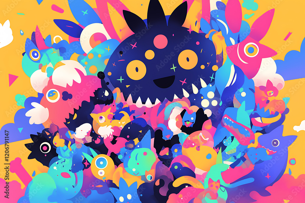 Colorful and whimsical illustration of various animated creatures ...