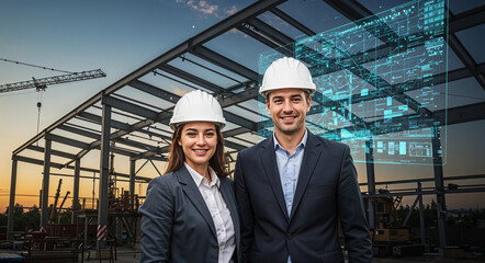 Poster - Builders of the future in hard hats, futuristic construction site in the background . Generative AI
