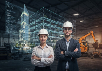 Poster - Builders of the future in hard hats, futuristic construction site in the background . Generative AI