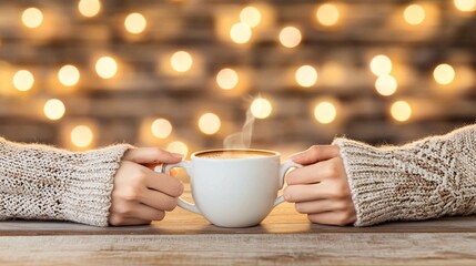 Poster - Valentine's Day evening, hands of a couple holding each other over a cup of coffee, a cozy cafe scene with ambient lights, blurred romantic tones in the background