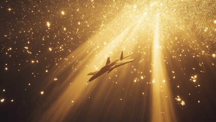 Wall Mural - airplane soaring through golden light beams and particles.