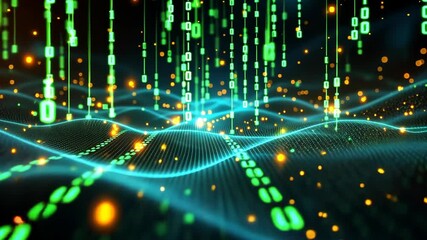 Fototapete - Futuristic digital data stream with glowing numbers and wave patterns