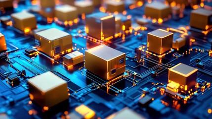 Poster - A digital representation of packages on a circuit-like surface, symbolizing logistics and tracking.