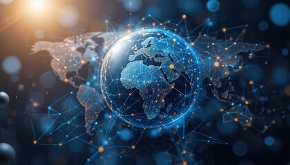 Poster - World geometric and earth for connection ,community and society Map networking and communication, planet model with decoration, abstract design or geometric link of business and global economy, 4k