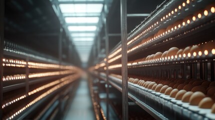 Poster - A chicken egg farm or factory with rows of egg trays, showcasing agricultural business operations and egg production processes.
